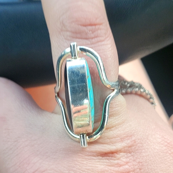 Sterling silver 925 sz 8 1/2 turquoise black onyx spin ring w/ a double row band - Picture 3 of 9